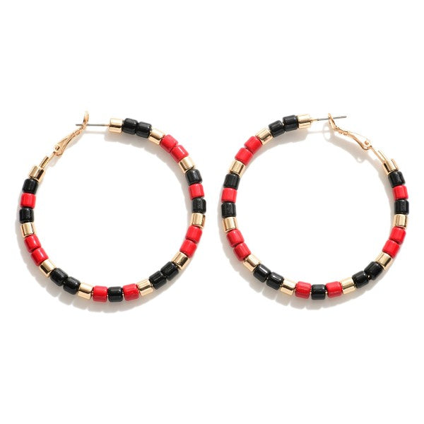 Red and Black Beaded Hoop Earrings