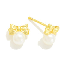 Load image into Gallery viewer, Dainty Pearl and Bow Stud Earrings
