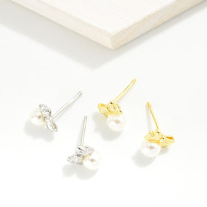 Dainty Pearl and Bow Stud Earrings