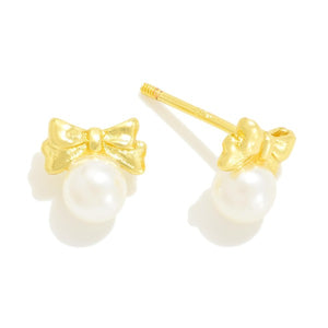 Dainty Pearl and Bow Stud Earrings