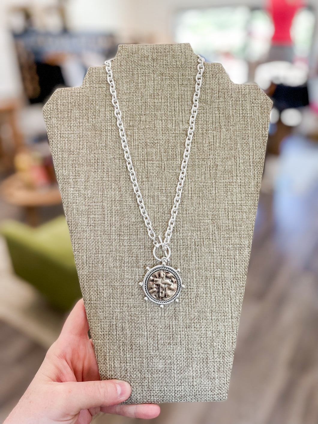 Two Tone Coin Cross Necklace