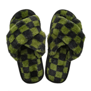 Olive Checked Peep Toe Slippers