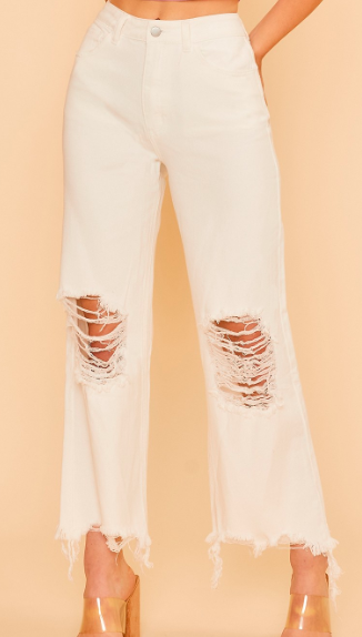 Cream Distressed Denim Jeans