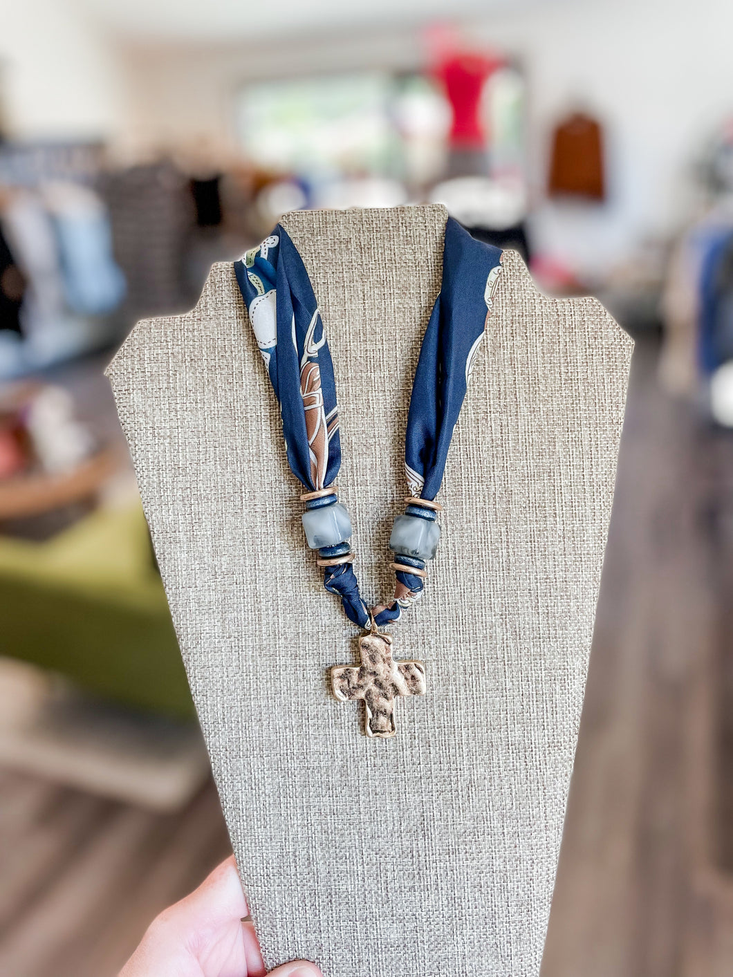 Hammered Cross Pendant Scarf Necklace