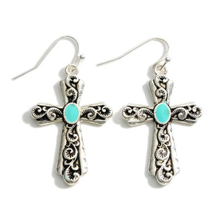 Silver Turq Cross Earrings